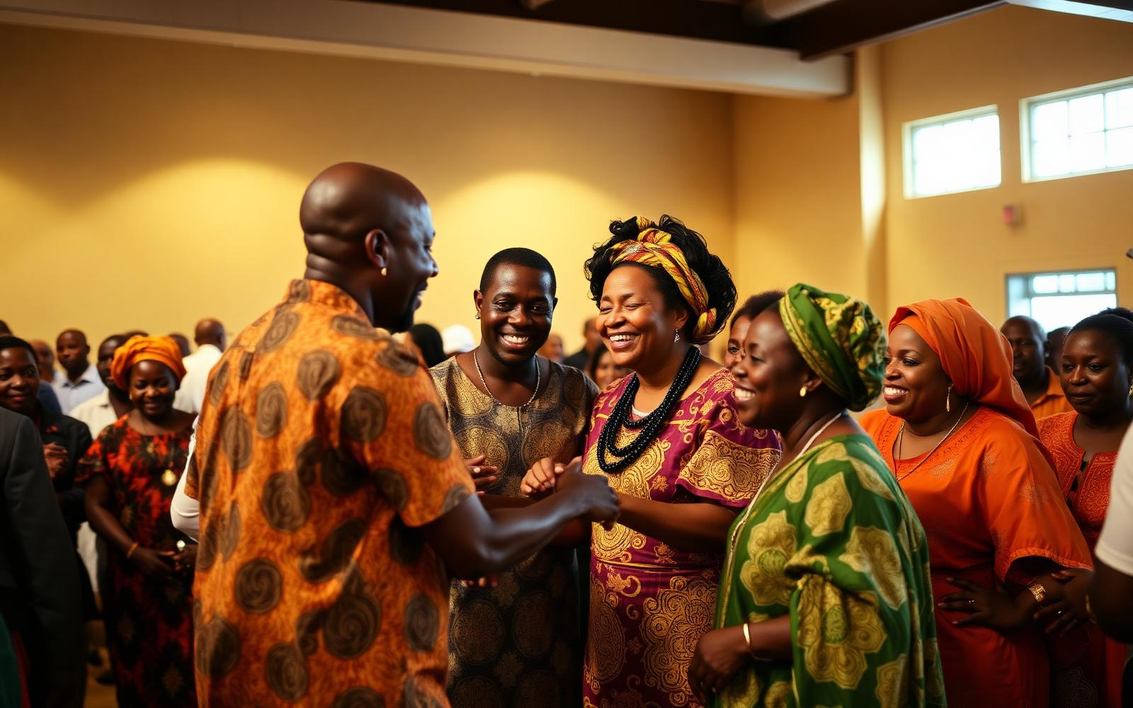 Members of the Ndokwa community greeting one another at a chapter gathering